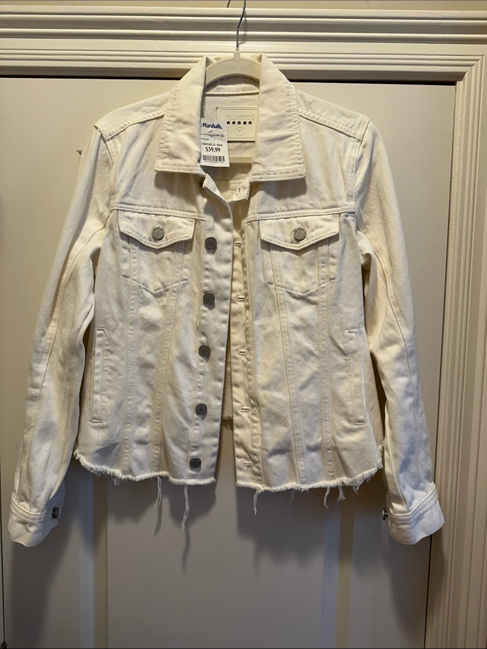 Blank NYC Off-White Denim Jacket with Frayed Hem